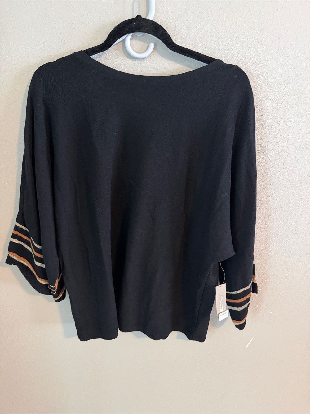 Black Women's Boatneck Top with Striped Sleeve Detail